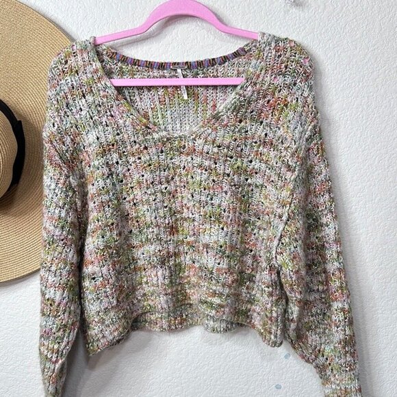 Free People Size XS Multicolor Highland Cable Knit Oversized V Neck Sweater - Picture 3 of 8